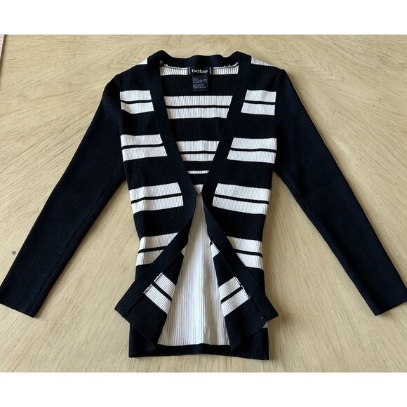BEBE Silk Blend cardigan Sweater Ribbed Striped Office Siren Sexy Corpcore Y2K S - Picture 5 of 10